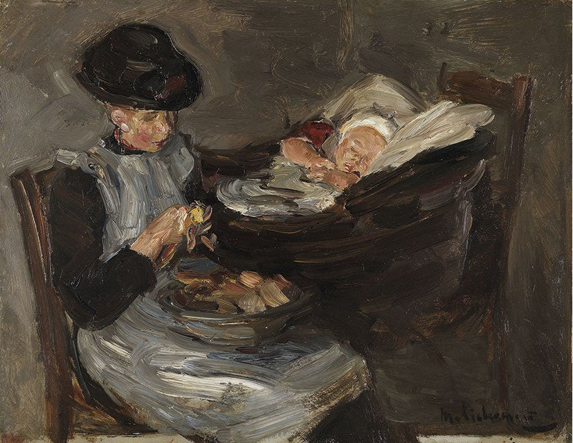 Ragazza di Laren che sbuccia patate con un bambino addormentato in un cesto - Max Liebermann