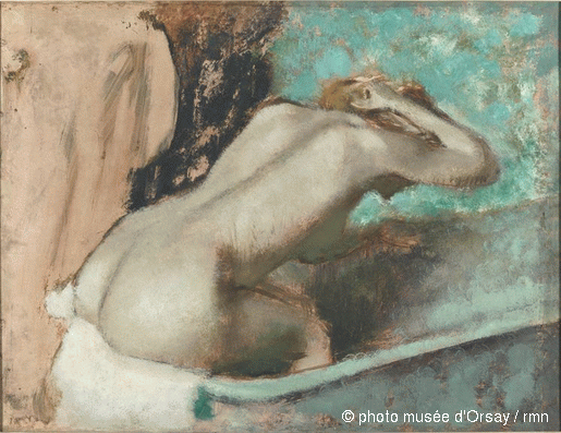 Reproduction du tableau « Femme assise sur le bord d'une baignoire et s'épongeant le cou - Edgar Degas » par Alpha Reproduction en peinture à l’huile