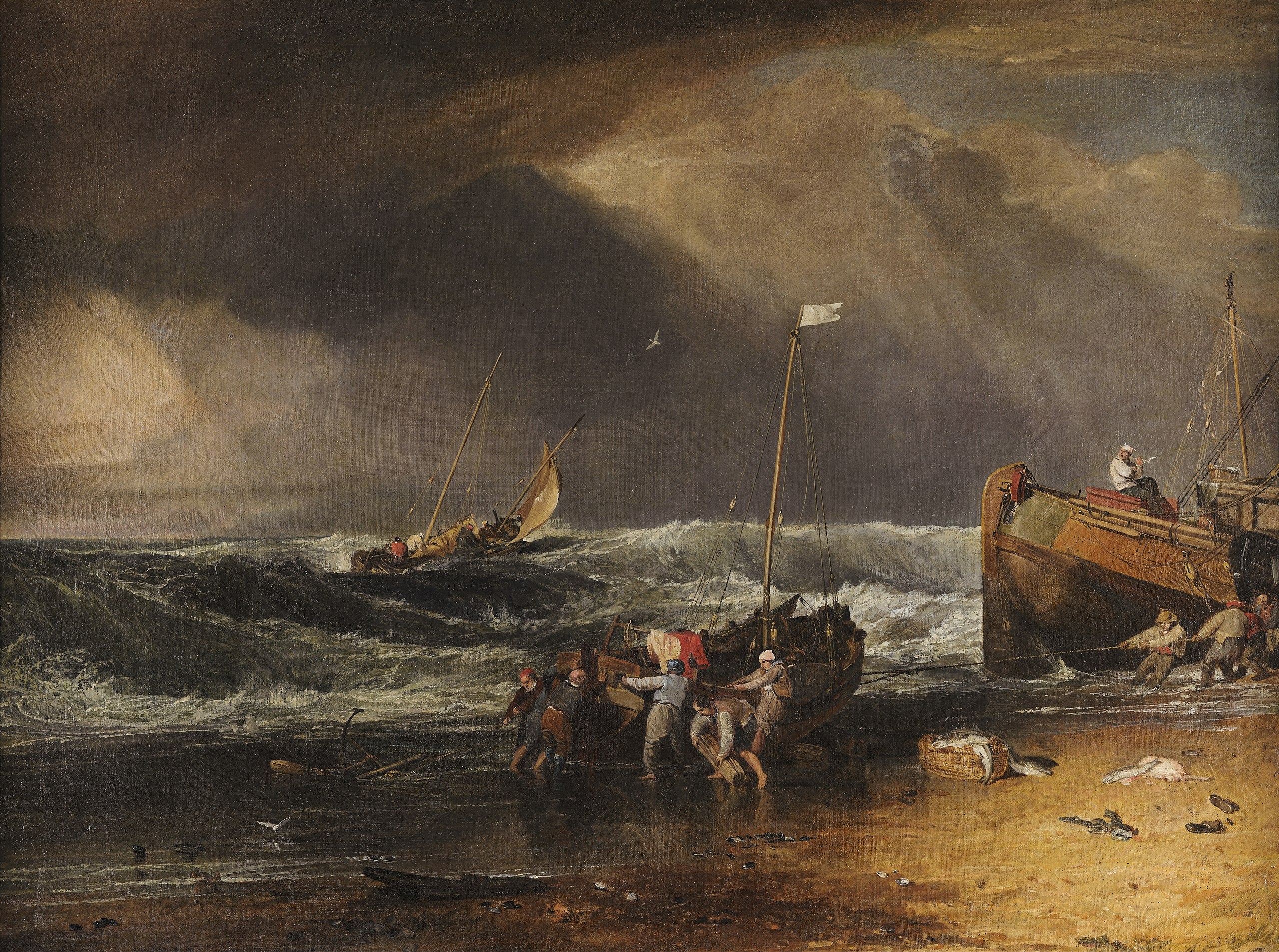 Una scena costiera con pescatori che trascinano una barca a riva - J. M. W. Turner