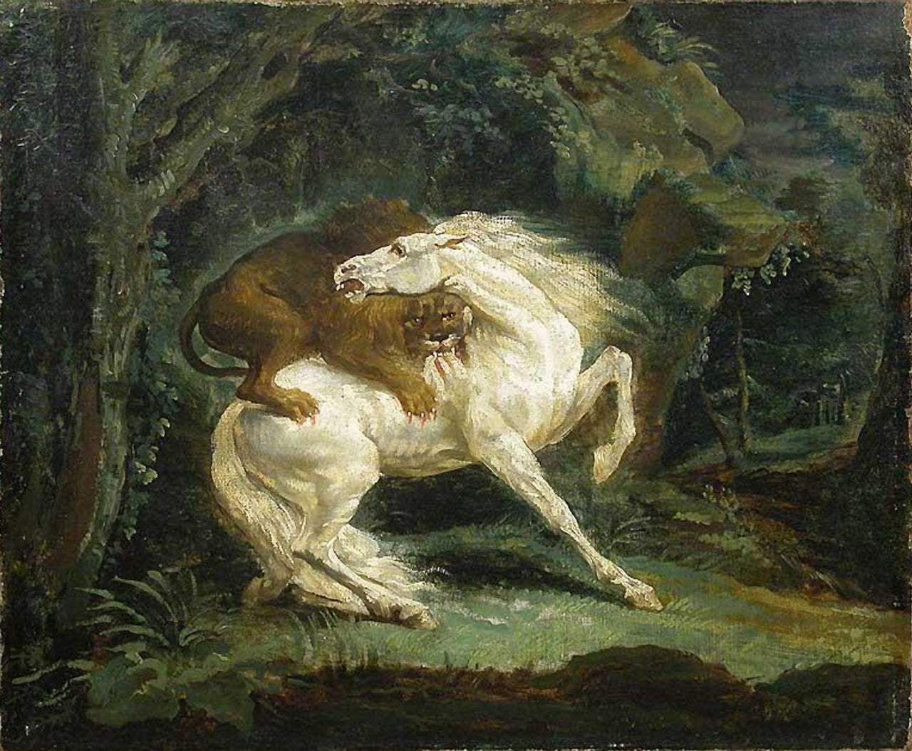 Reproduction du tableau « Cheval attaqué par un lion - Théodore Géricault » par Alpha Reproduction en peinture à l’huile