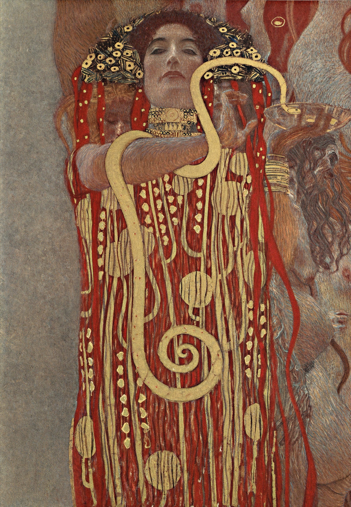 Hygie de Gustav Klimt, détail en couleurs de La Médecine avec serpent et coupe