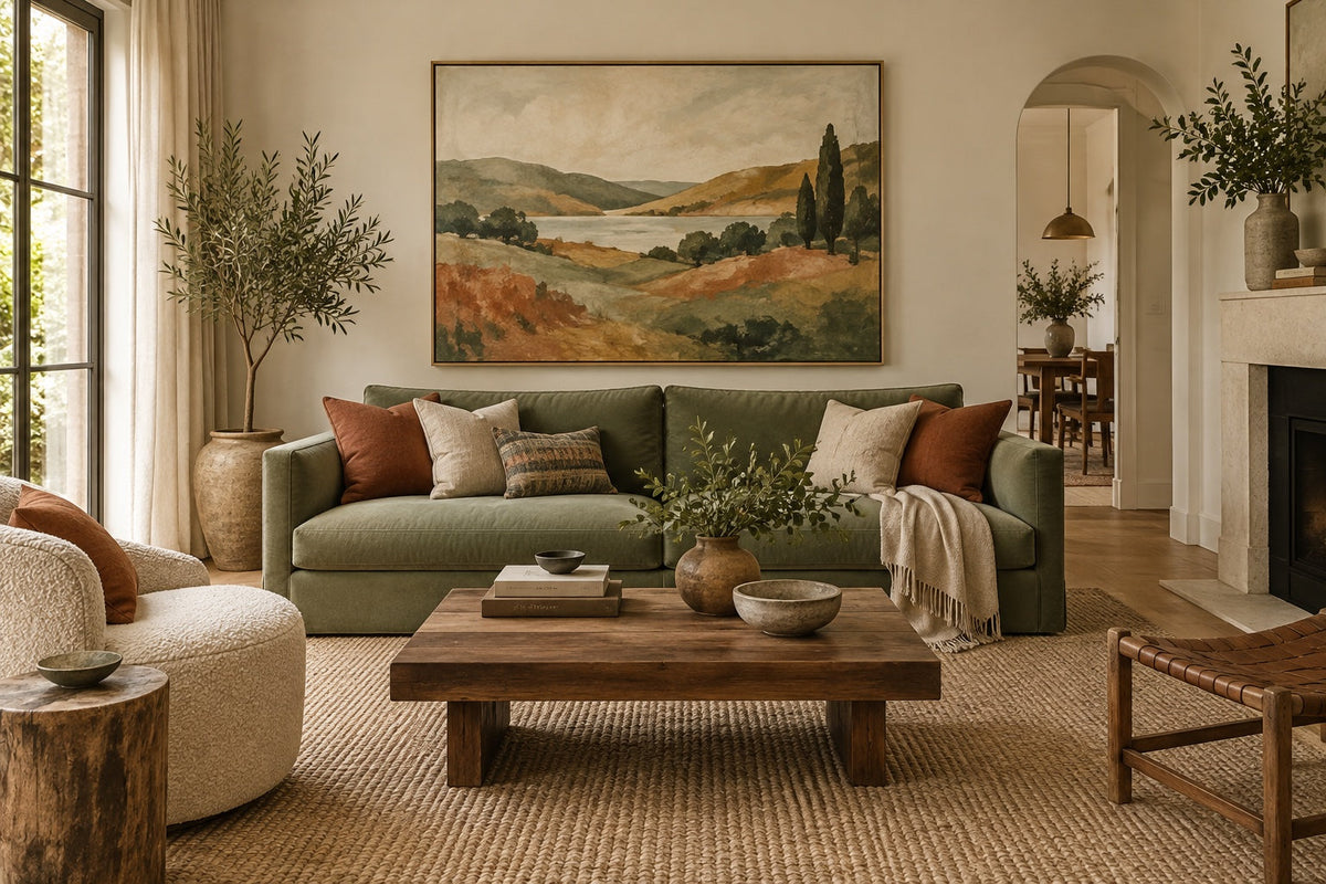Tableau dans un salon aux tons sauge et terre cuite, illustration fictive IA