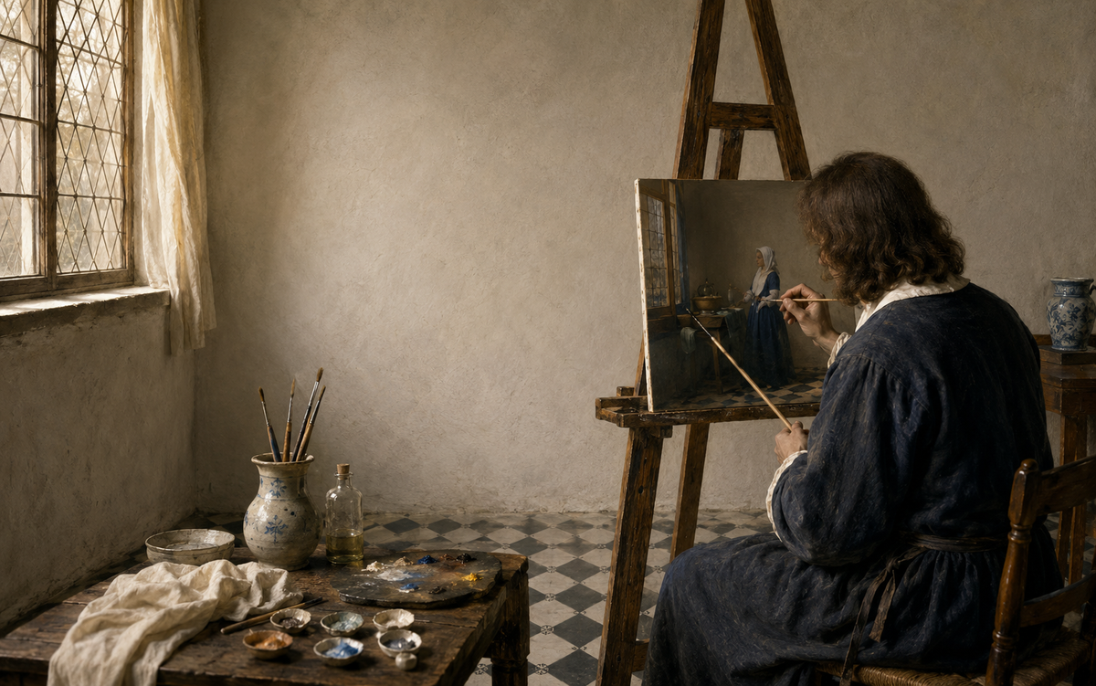 Johannes Vermeer peignant dans son atelier de Delft, reconstitution éditoriale de sa méthode