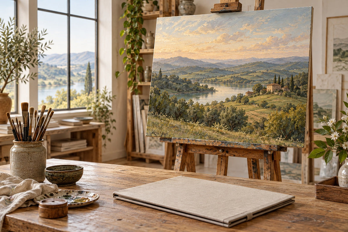 Illustration IA : paysage fictif sur chevalet