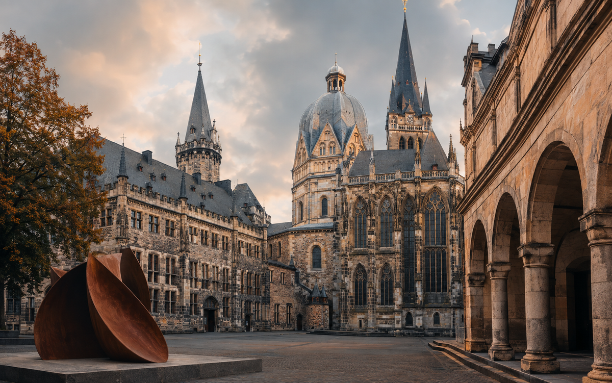 Panorama artistique d’Aix-la-Chapelle avec la cathédrale, l’hôtel de ville et une sculpture contemporaine