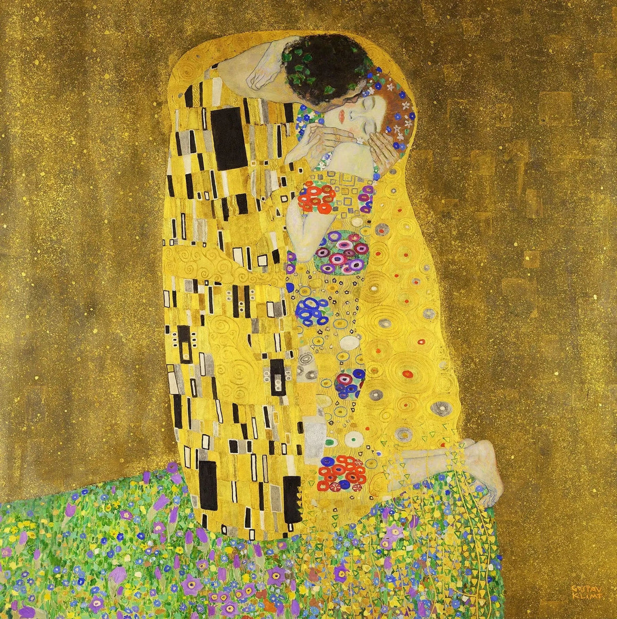 Le Baiser de Gustav Klimt, couple enlacé sur fond doré