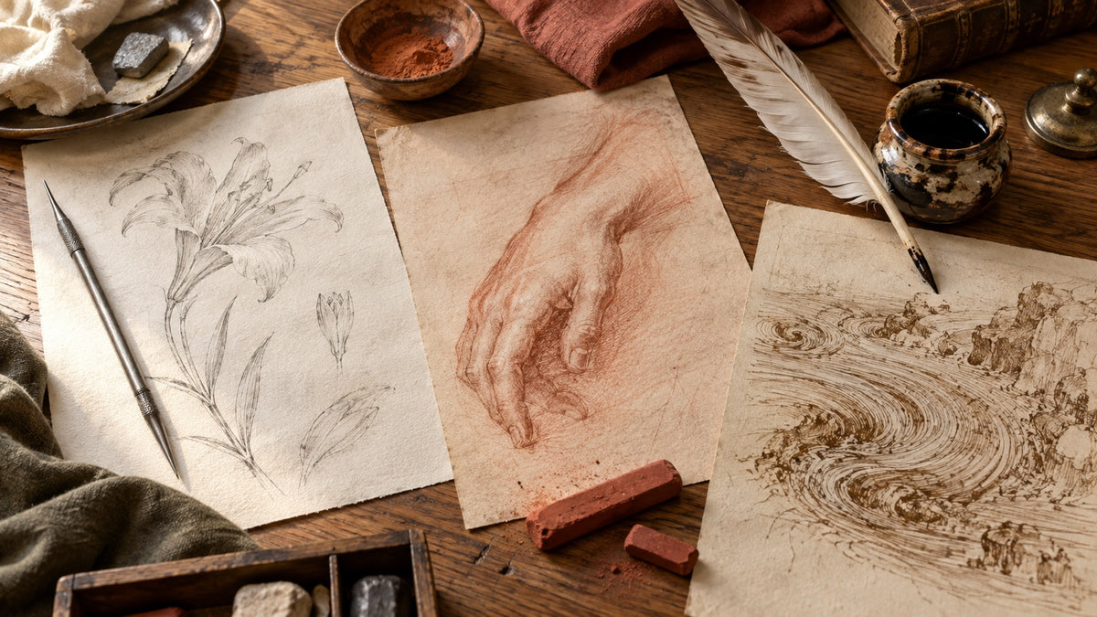 Illustration des techniques de dessin de la Renaissance : pointe d’argent, sanguine, plume et encre.