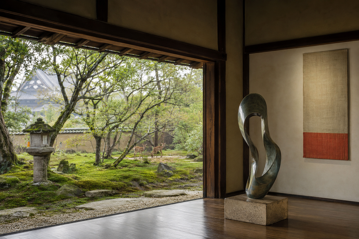 Galerie contemporaine inspirée de Nara ouverte sur un jardin de mousse et des cerfs