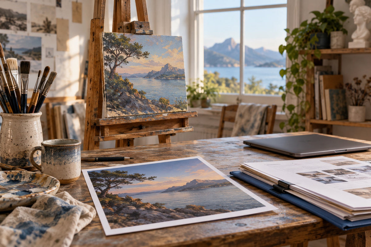 Atelier fictif avec photographie de référence et peinture de paysage sur chevalet