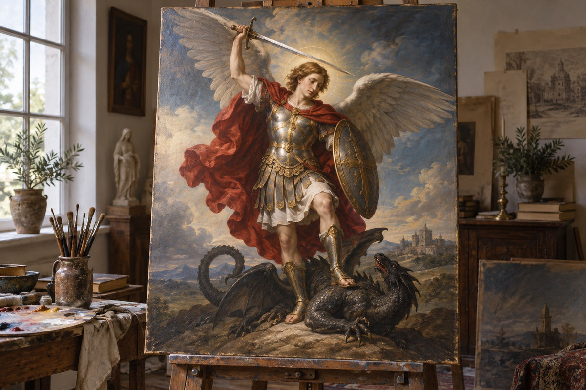 Composition imaginaire de saint Michel avec épée et dragon, illustration IA