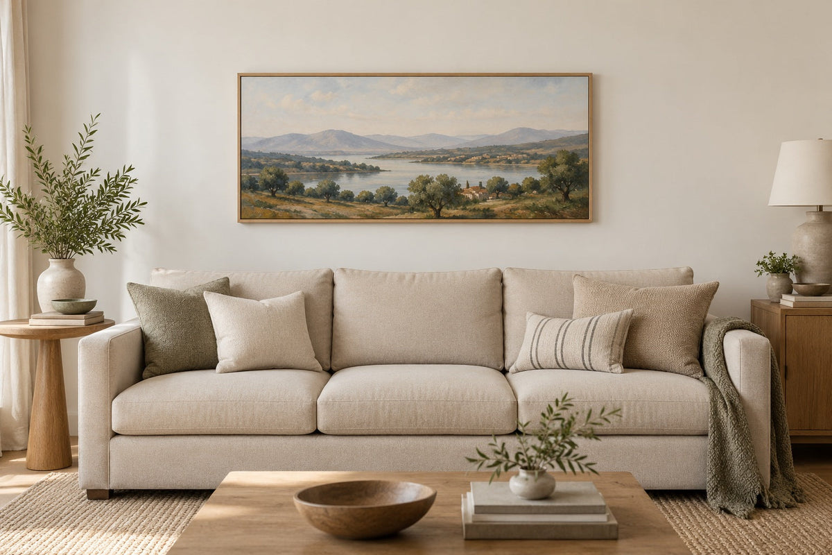 Illustration IA : tableau horizontal au-dessus d’un canapé