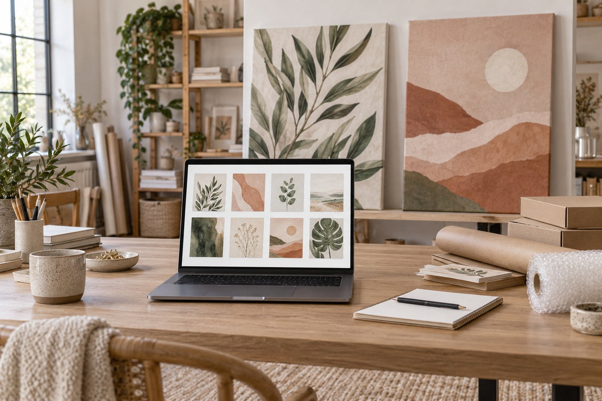Illustration IA : préparation d’une boutique d’impressions sur toile