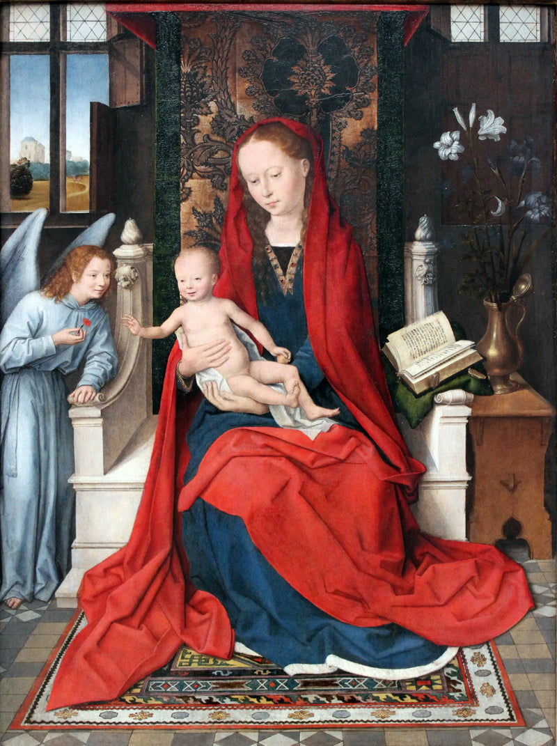 Vergine con il Bambino in trono con un angelo - Hans Memling