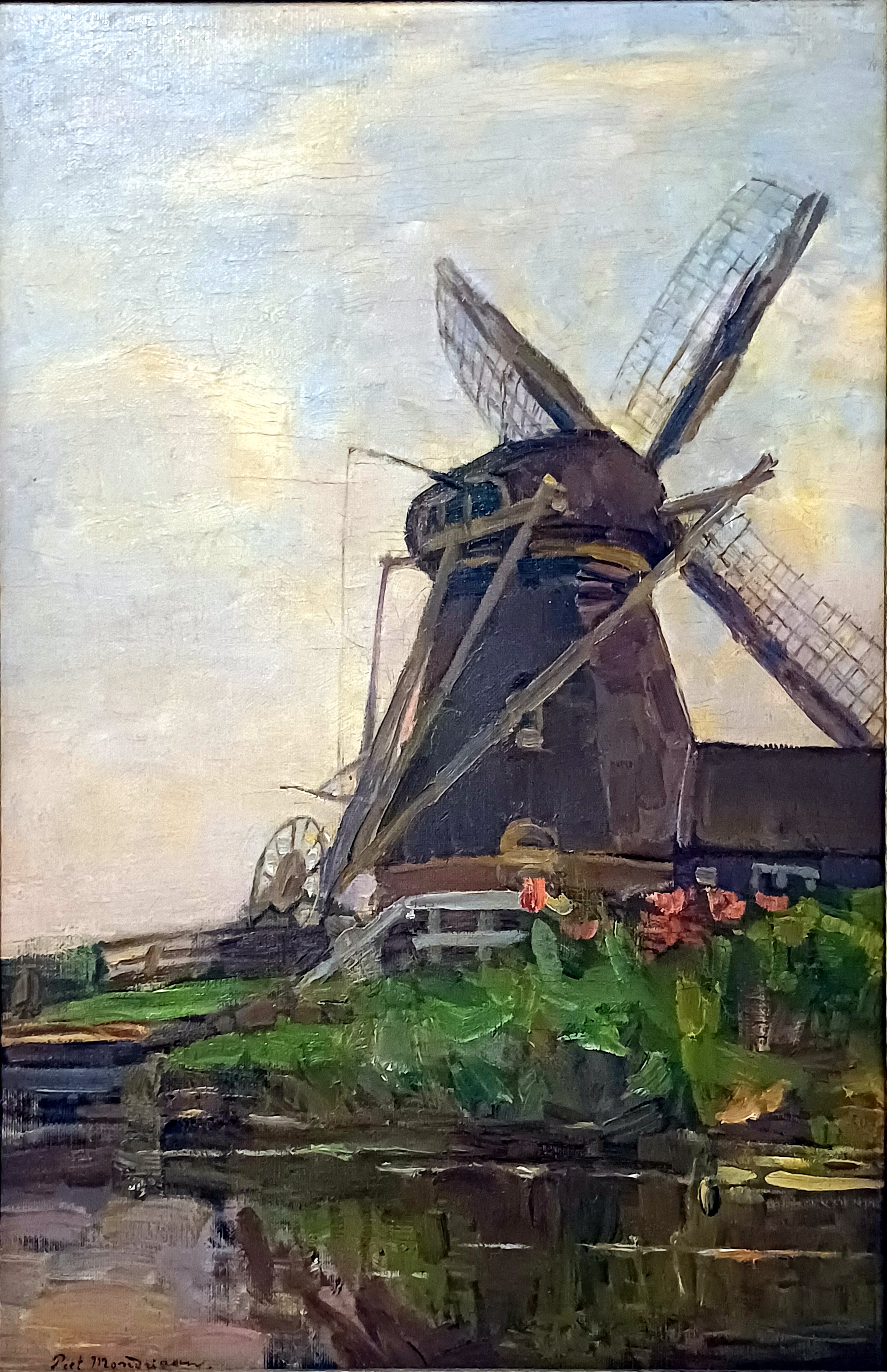Reproduction du tableau « Moulin d'Oostzijdse, esquisse à l'huile verticale avec ciel bleu - Piet Mondrian » par Alpha Reproduction en peinture à l’huile