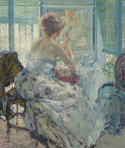 Femme à sa coiffeuse avec des boucles d’oreilles - Richard Edward Miller - Alpha Reproduction