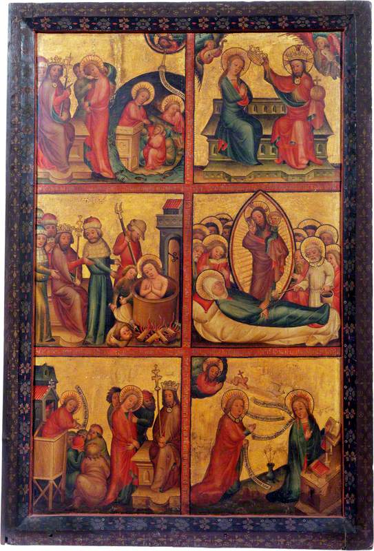 3 scènes de la vie de saint Jean l’Évangéliste ; 3 scènes de la vie de la Vierge (triptyque volet gauche extérieur)