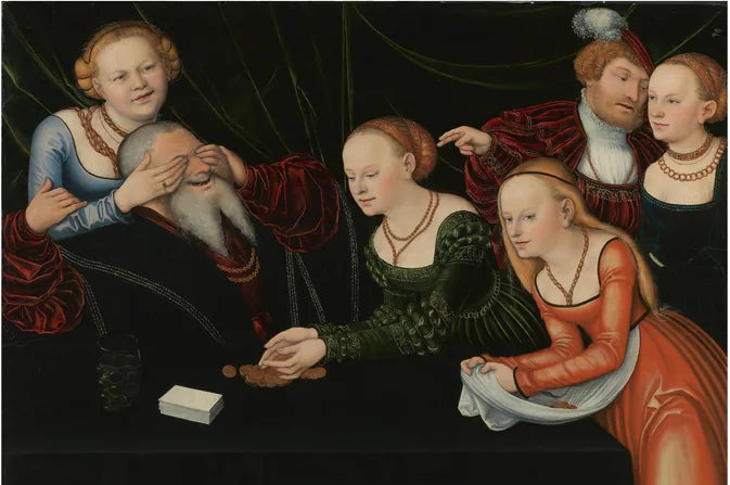 6 persone, delle ragazze che giocano con un vecchio uomo - Lucas Cranach il Vecchio