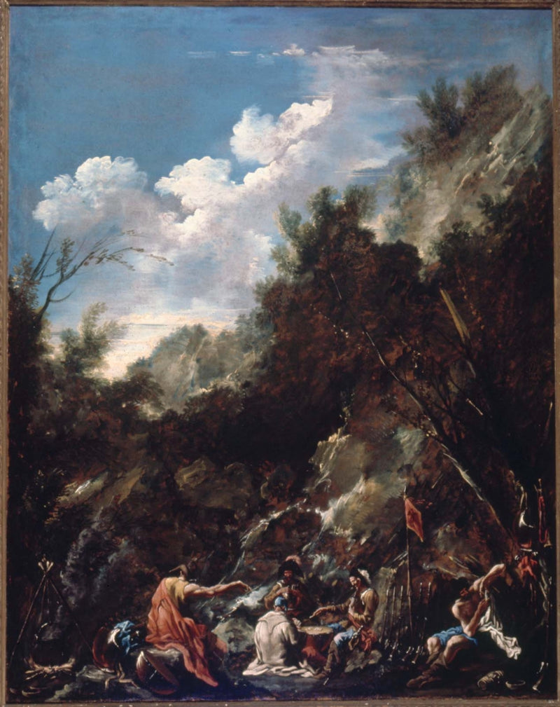 Des soldats jouent aux cartes dans un paysage rocheux - Alessandro Magnasco