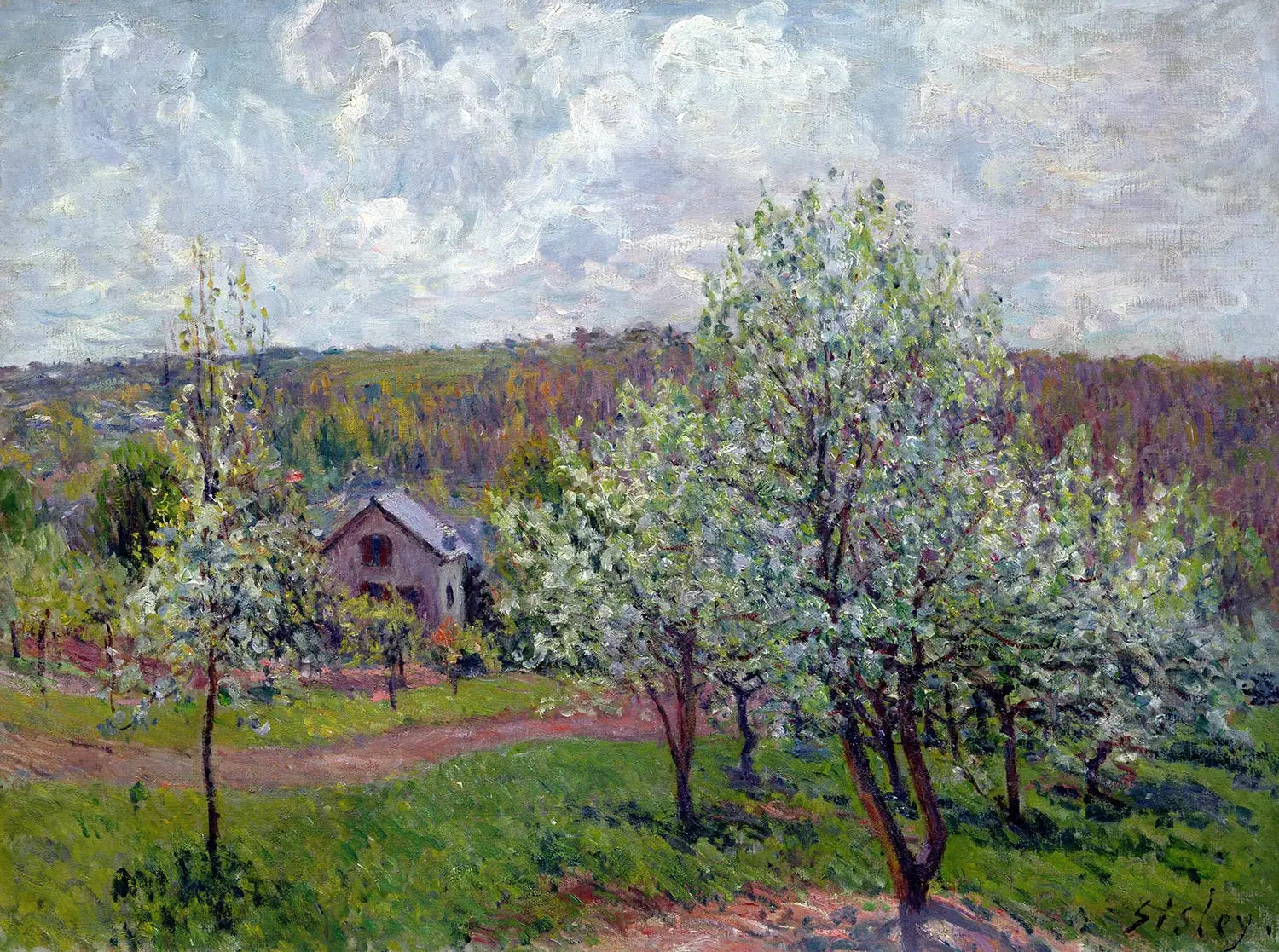 Reproduction du tableau « Printemps aux environs de Paris. Pommiers en fleurs - Alfred Sisley » par Alpha Reproduction en peinture à l’huile