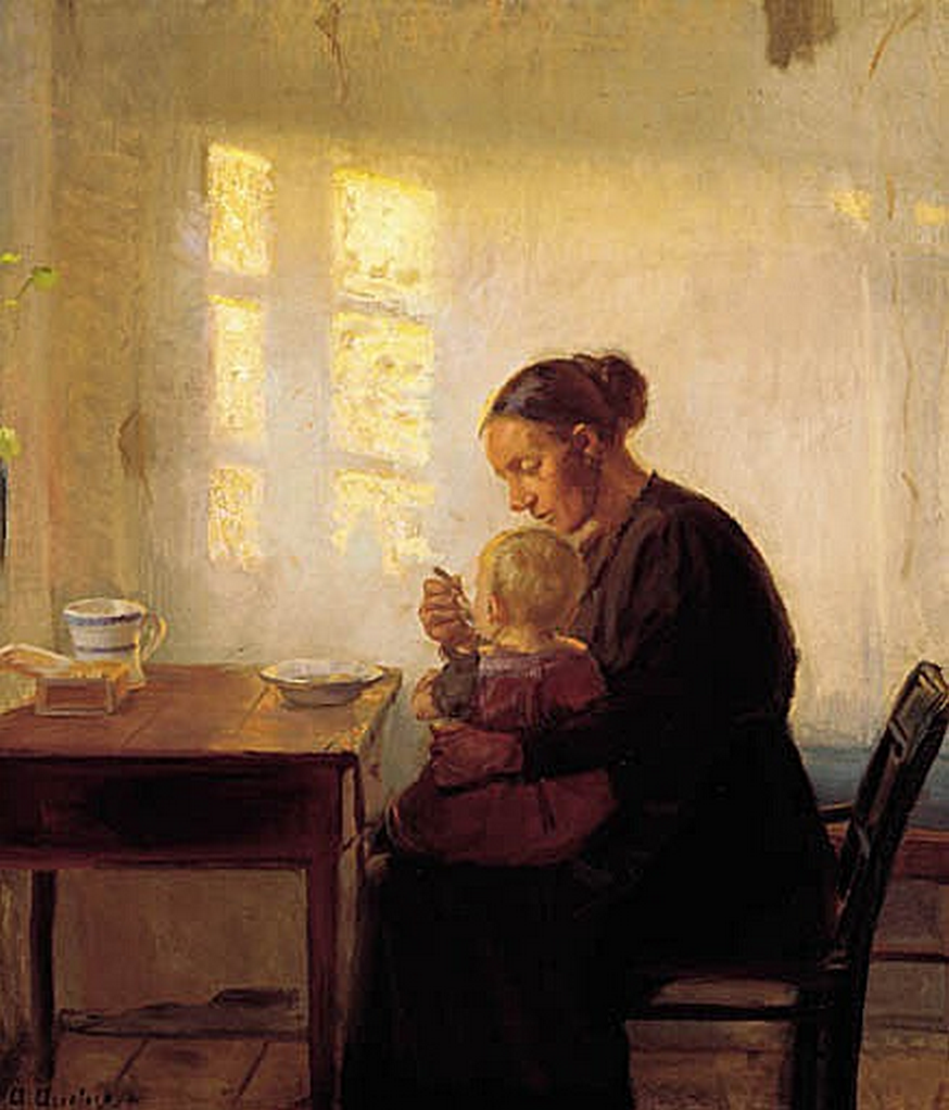 Une mère avec son enfant dans une pièce baignée de soleil. - Anna Ancher - Alpha Reproduction
