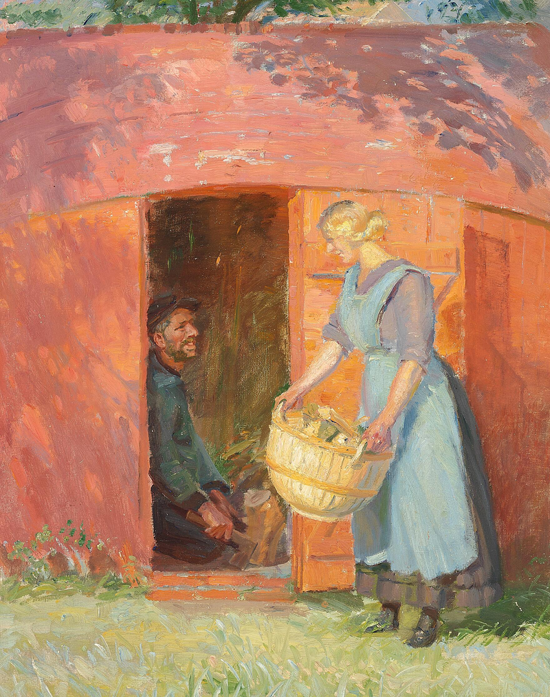 Un pescatore di Skagen, in una capanna costruita da una vecchia barca, corteggia una giovane donna. - Anna Ancher