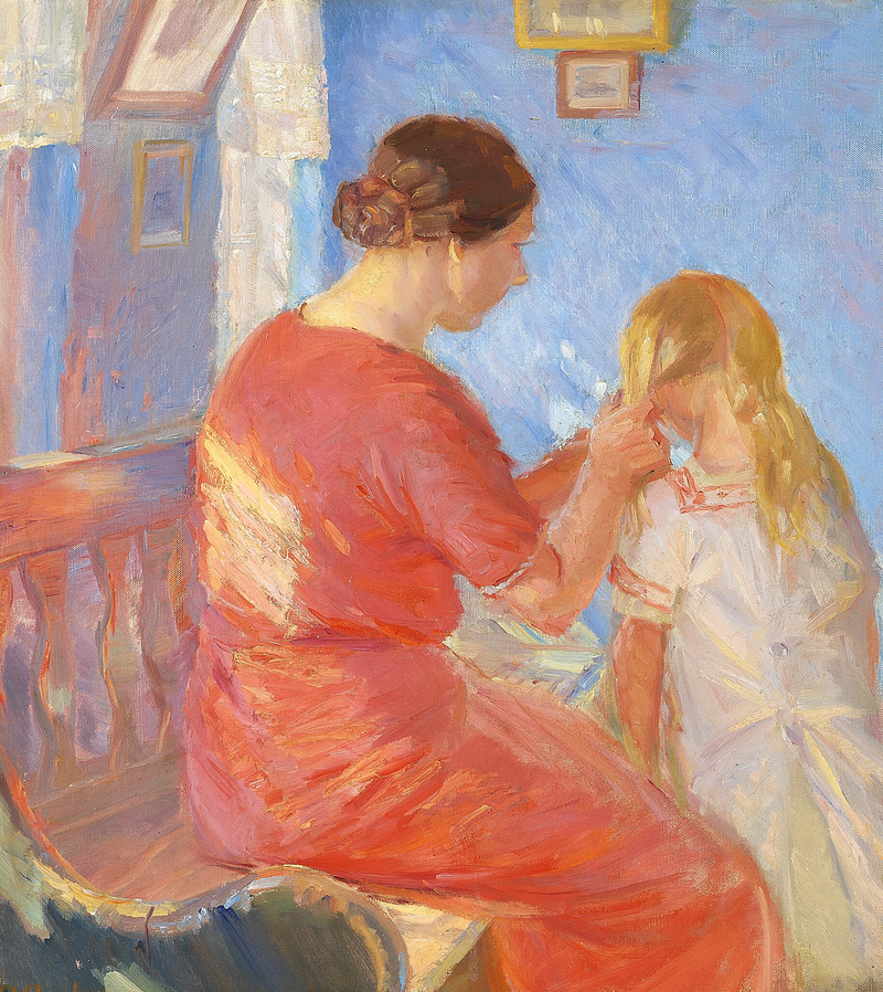 Una madre intreccia i capelli del suo bambino. - Anna Ancher
