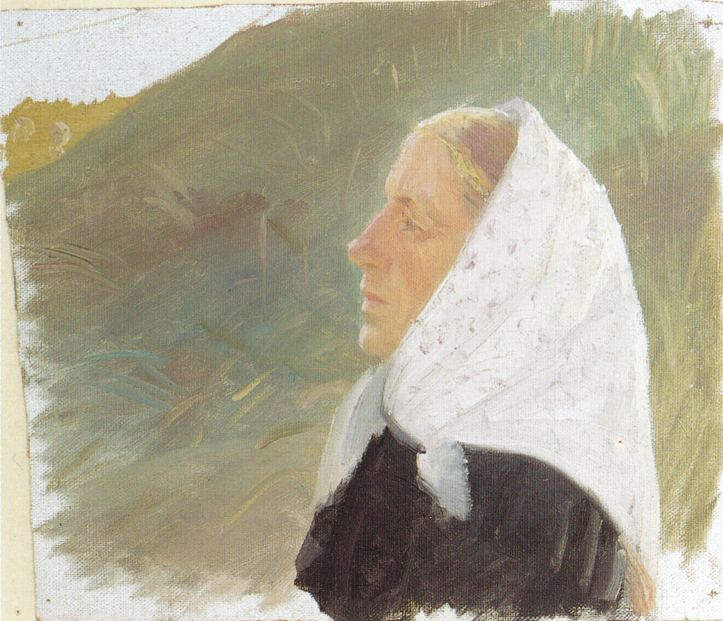 Jeune femme vêtue de noir et coiffée d’un foulard blanc assise dans les dunes - Anna Ancher - Alpha Reproduction