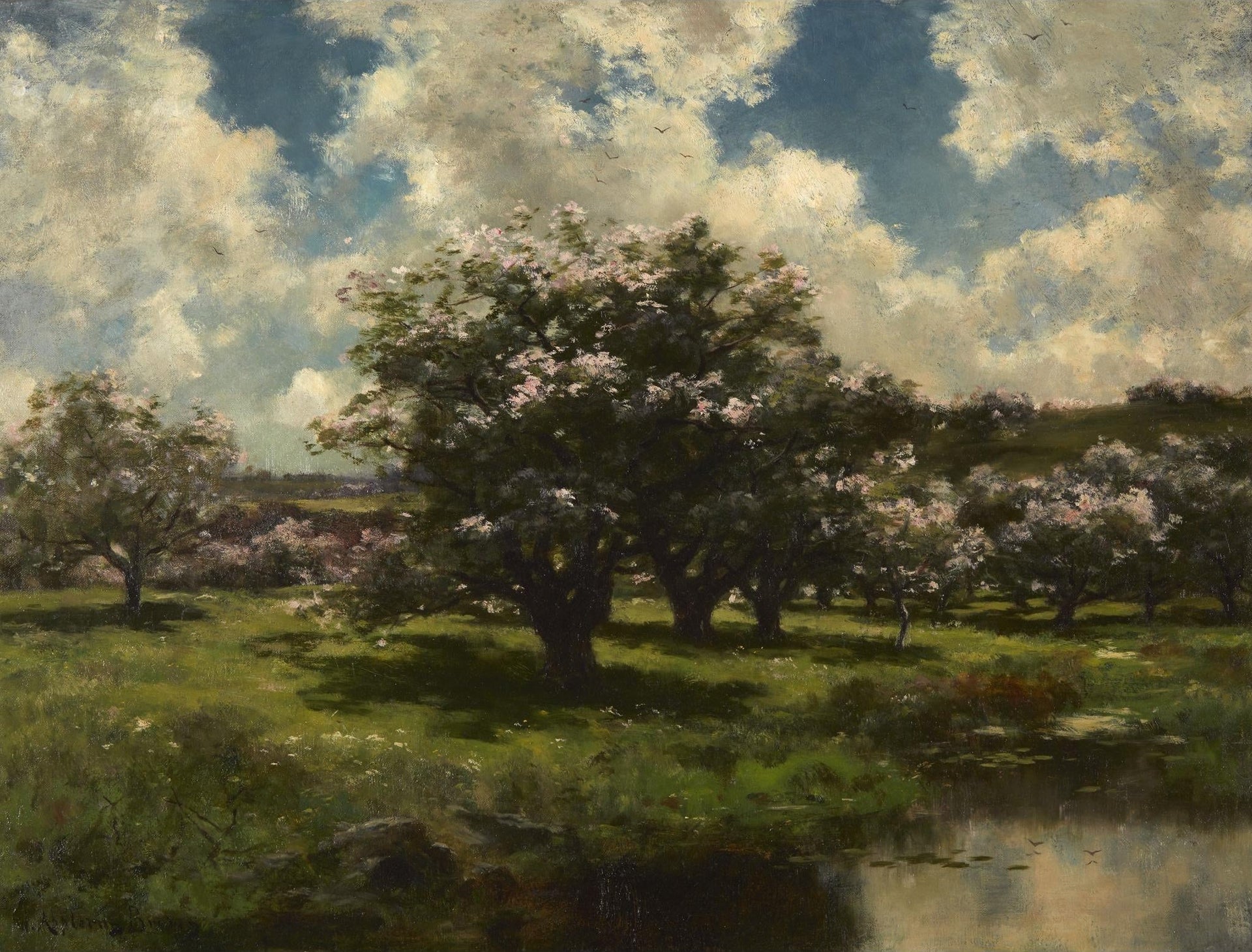 Pommiers en fleurs près d’un étang, peinture de John Appleton Brown