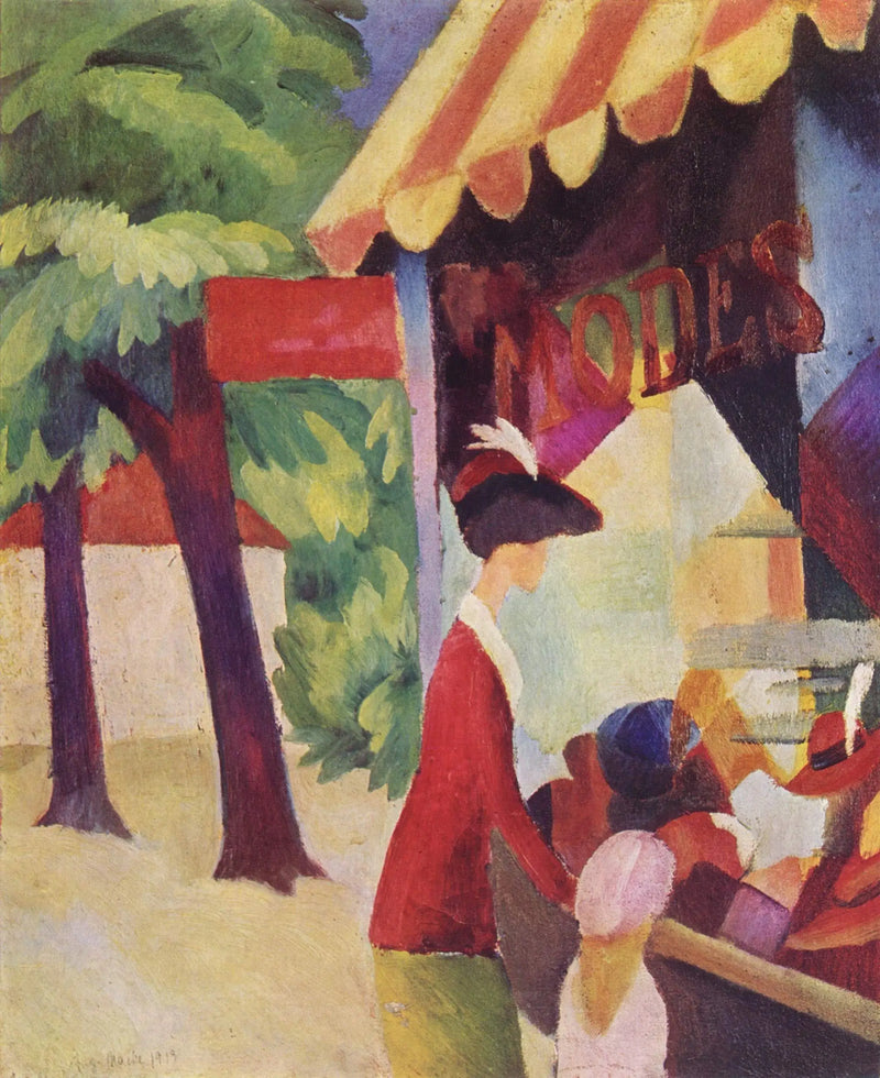Davanti al negozio di cappelli (Donna con una giacca rossa e un bambino) - August Macke