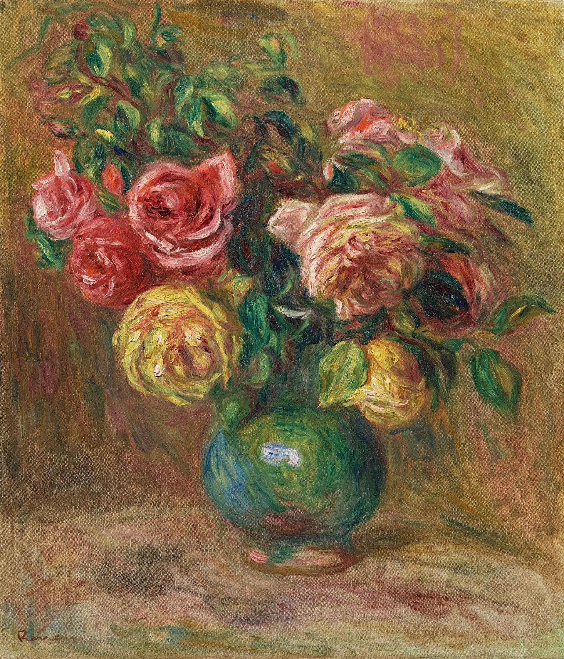 Reproduction du tableau « Roses dans un vase vert - Pierre-Auguste Renoir » par Alpha Reproduction en peinture à l’huile