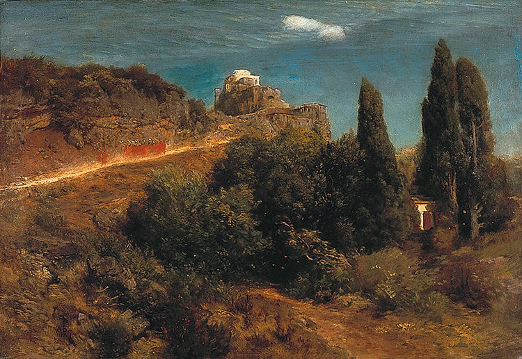 Château de montagne avec un cortège de chevaliers - Arnold Böcklin