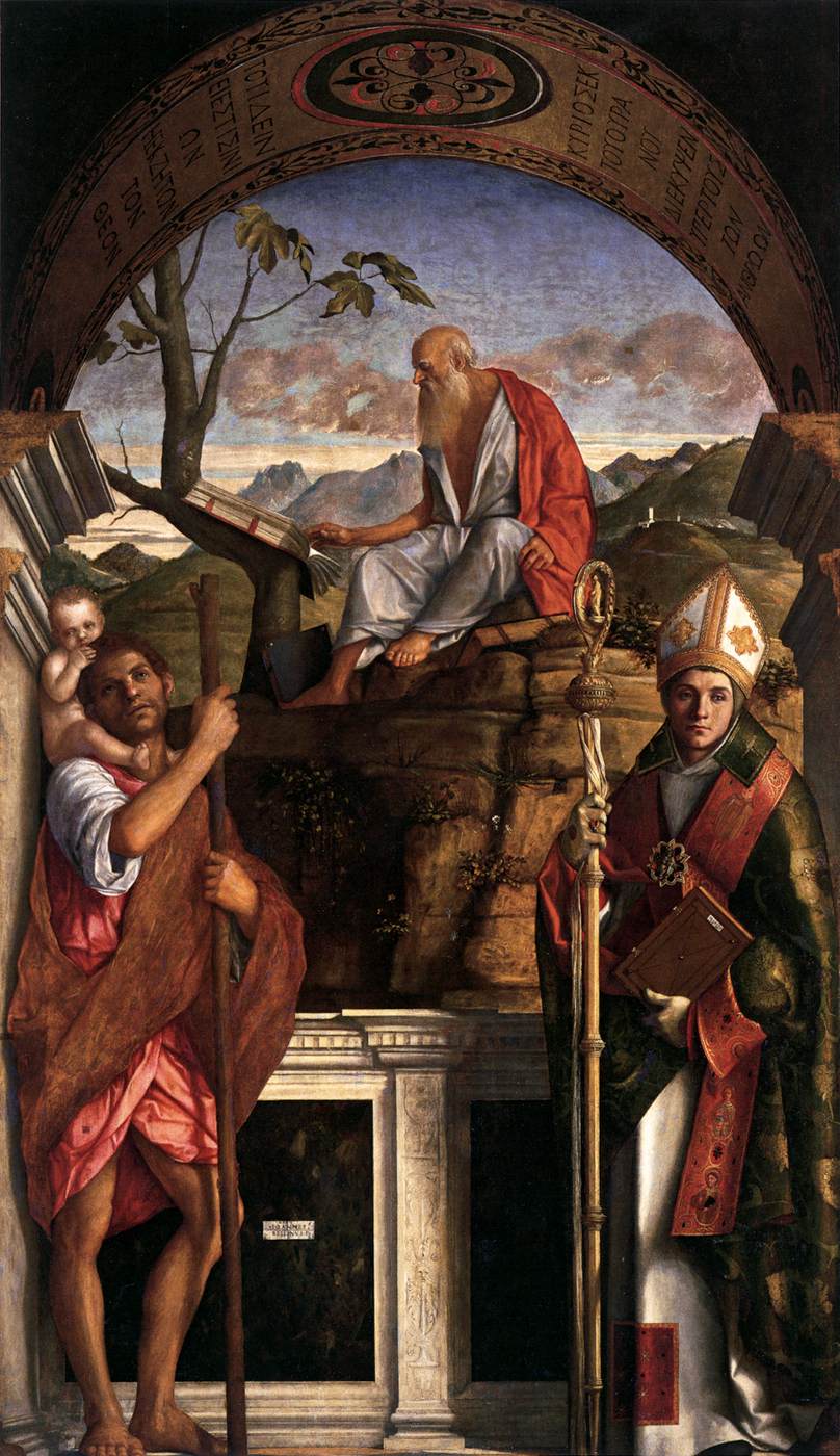 Saint Jérôme lisant avec saint Christophe et saint Louis de Toulouse - Giovanni Bellini