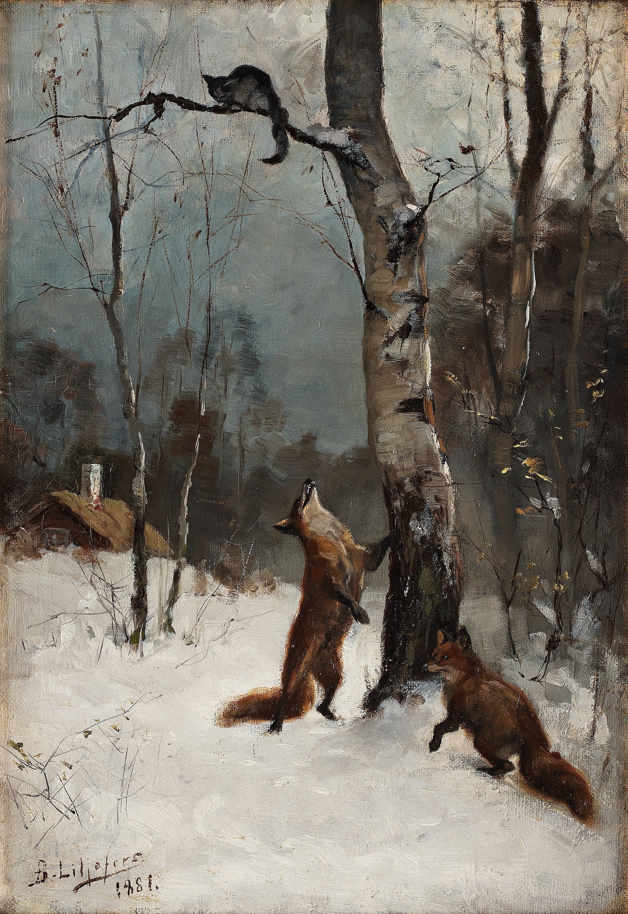 Renards et chat, paysage d'hiver - Bruno Liljefors
