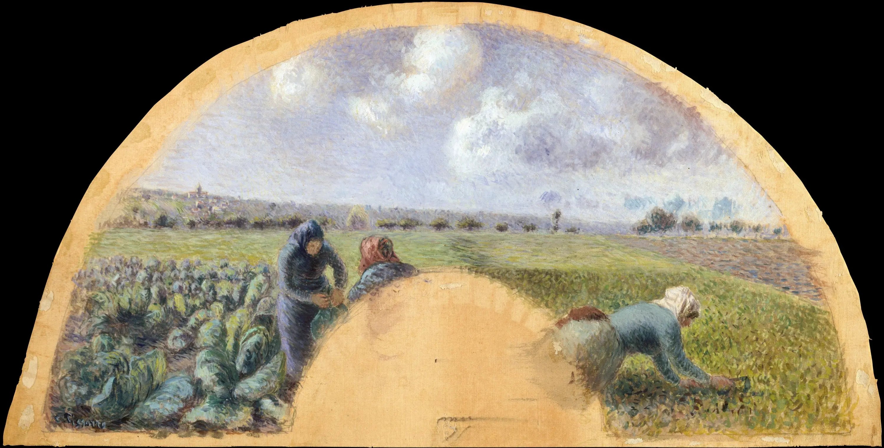 Reproduction du tableau « Fan Mount : Les Cueilleurs de choux - Camille Pissarro » par Alpha Reproduction en peinture à l’huile