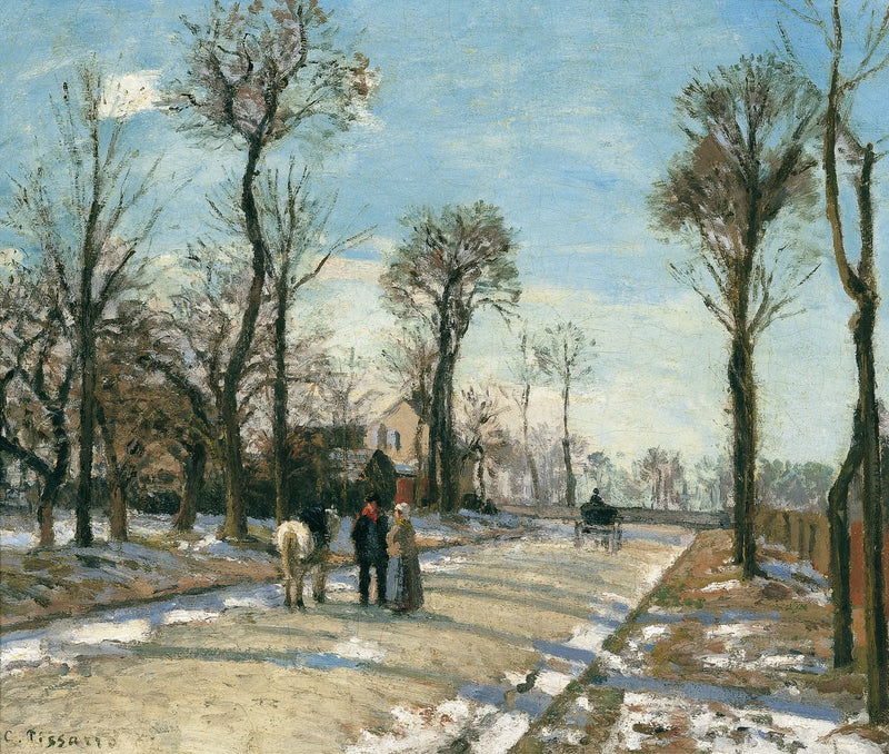 Via di Versailles, Louveciennes, sole e neve invernale - Camille Pissarro