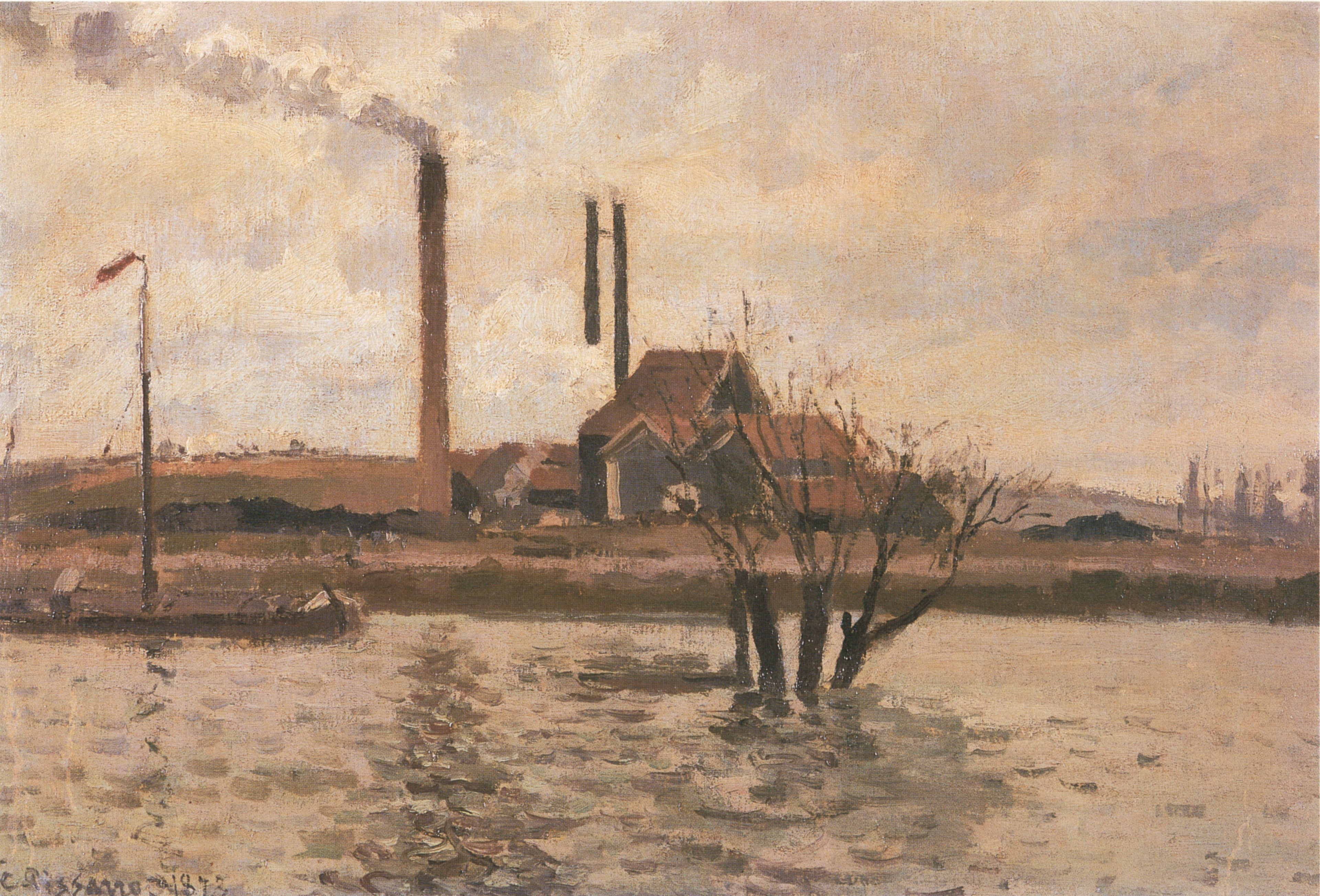 Reproduction du tableau « Usine à Saint-Ouen-l'Aumône, la crue de l'Oise - Camille Pissarro » par Alpha Reproduction en peinture à l’huile