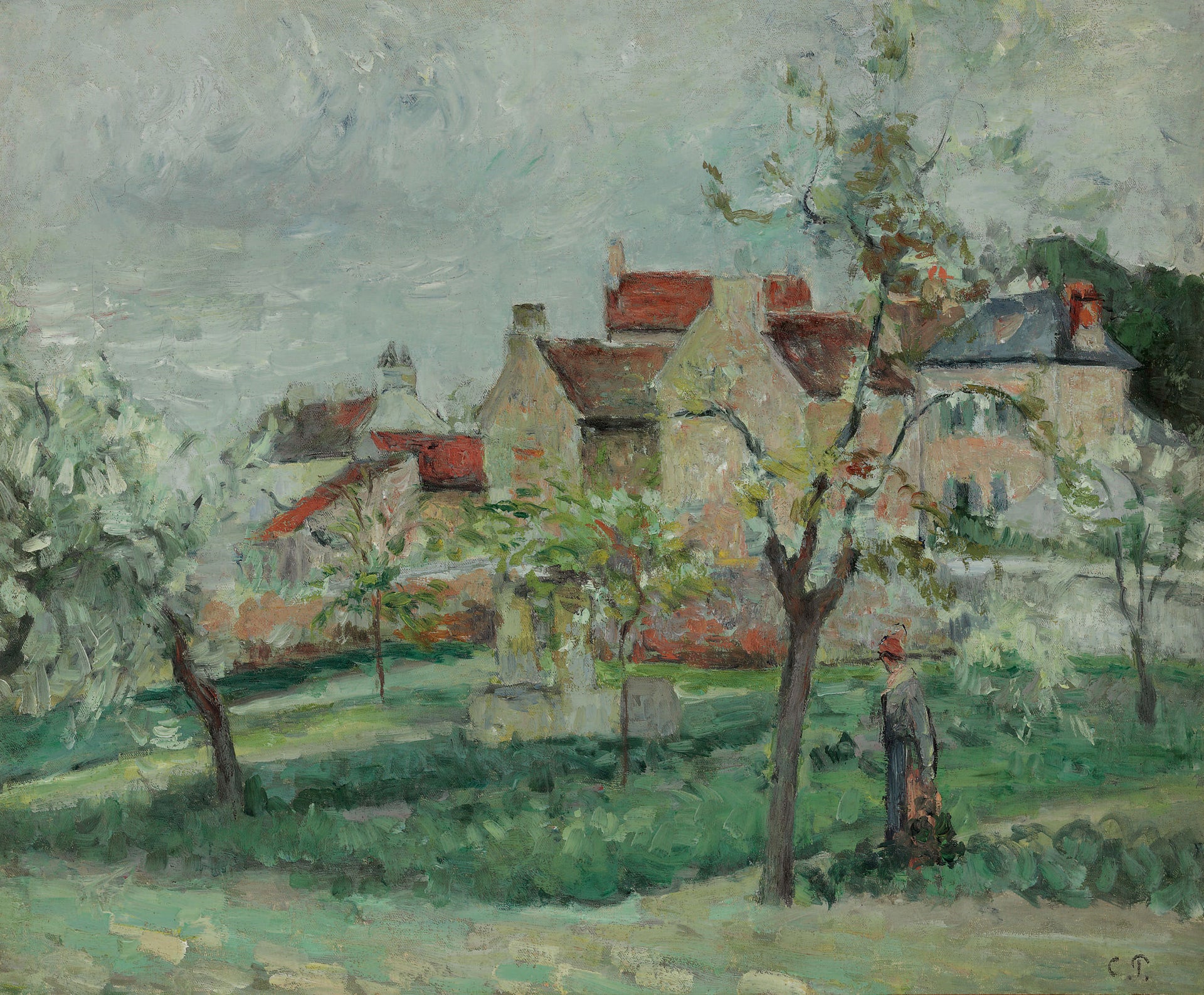 Pruniers en fleurs à Pontoise, seconde version, peinture de Camille Pissarro