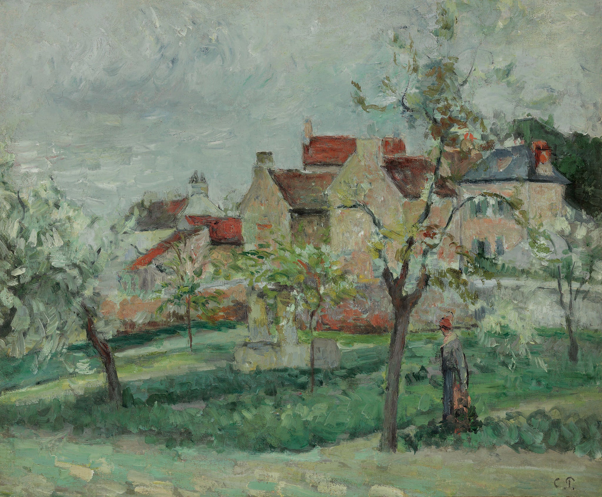 Pruniers en fleurs à Pontoise, seconde version, peinture de Camille Pissarro