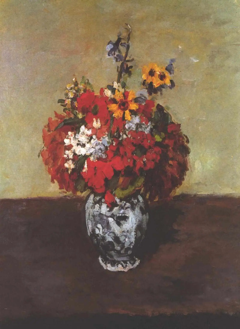 Gerani e delphinium in un piccolo vaso di Delft - Paul Cézanne
