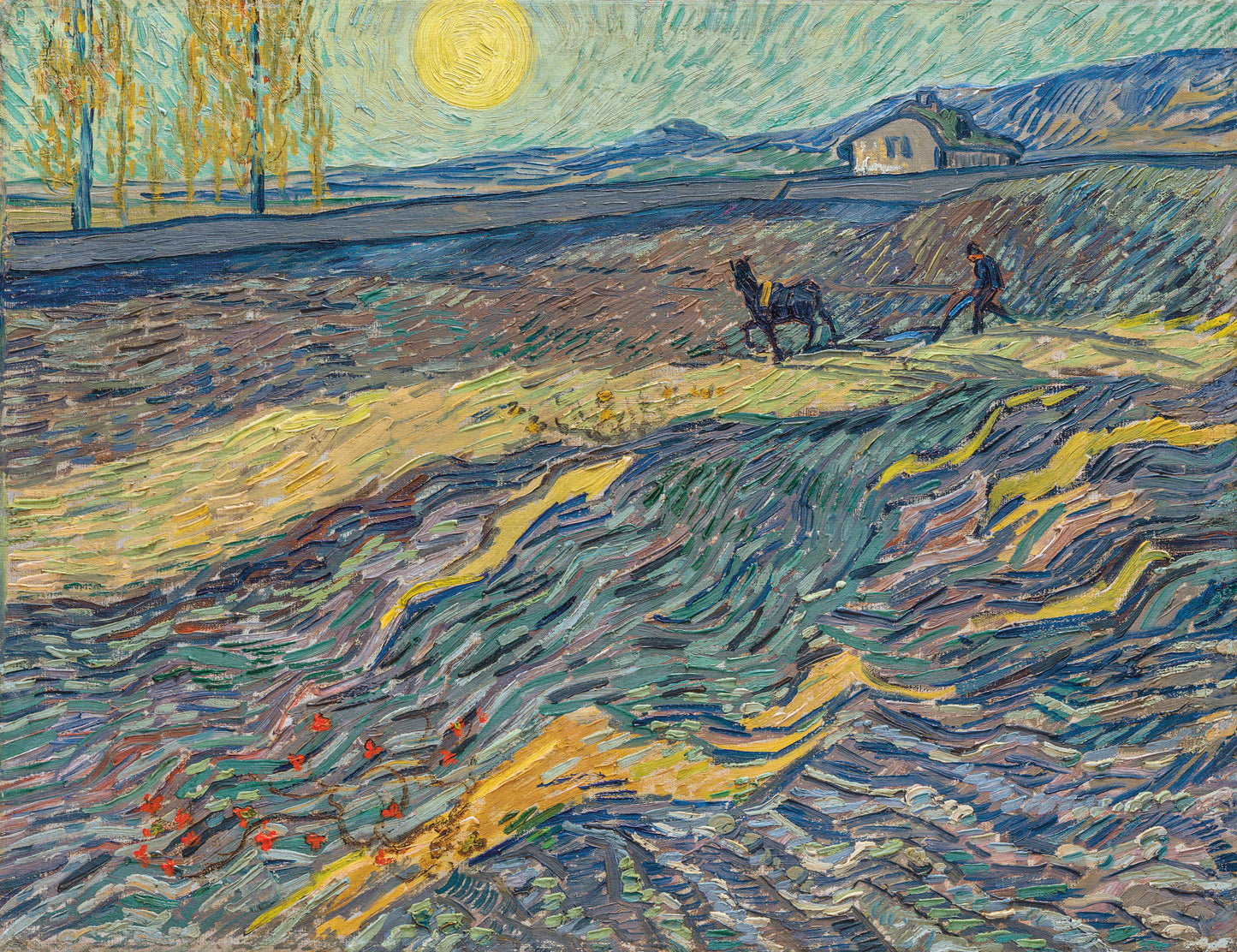🌾 Campo con contadino che ara e mulino – Vincent van Gogh (1889)