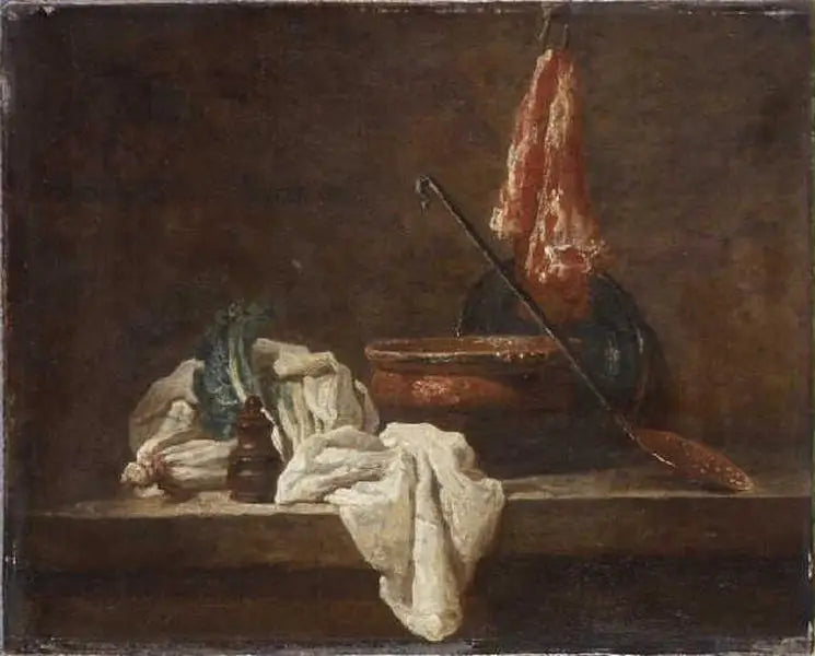 Nature morte avec deux pieds de céleri boîte à épices torchon terrine plat écumoire et morceau de viande - Jean Siméon
