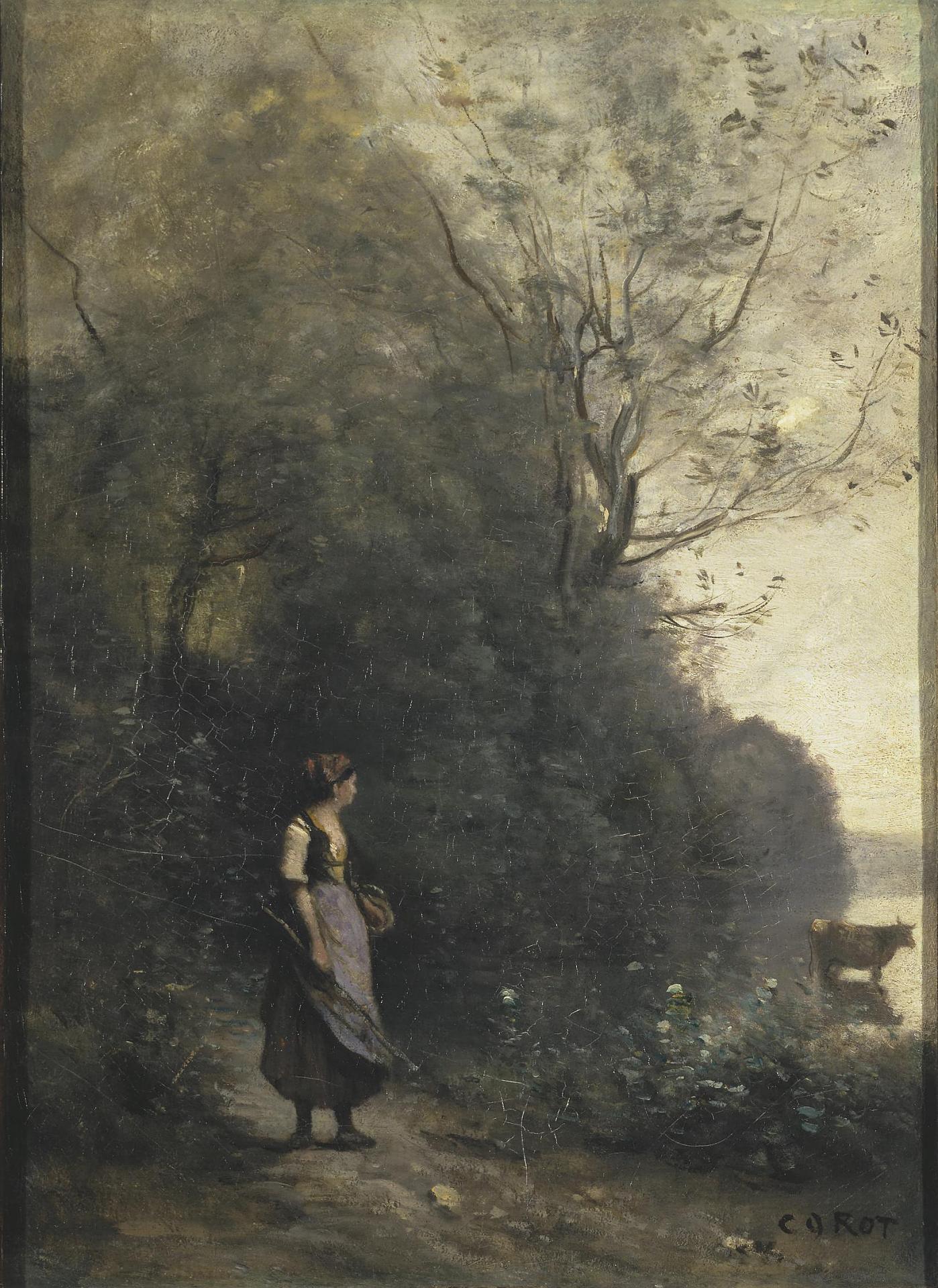 Paysanne gardant sa vache en lisière de bois - Jean-Baptiste Camille Corot