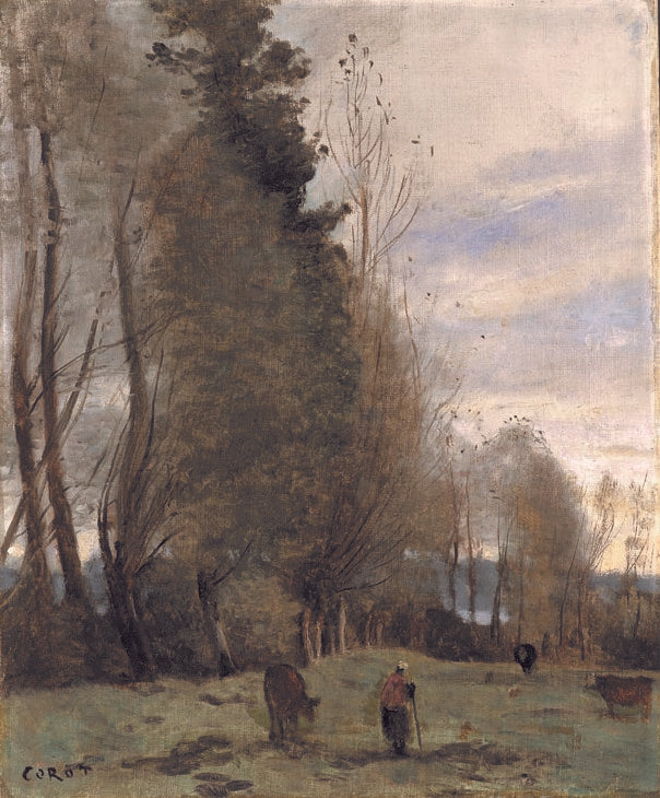 Lieu de repos du ranch, paysan et trois vaches - Jean-Baptiste Camille Corot