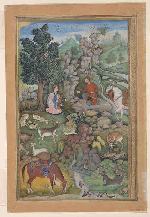 Amir Khusrau Dihlavi, "Bahram Gur Sees a Herd of Deer Mesmerized by Dilaram' s Music", Folio from a Khamsa (Quintet) of Amir Khusrau Dihlavi, 1597–98, The Metropolitan Museum of Art, New York