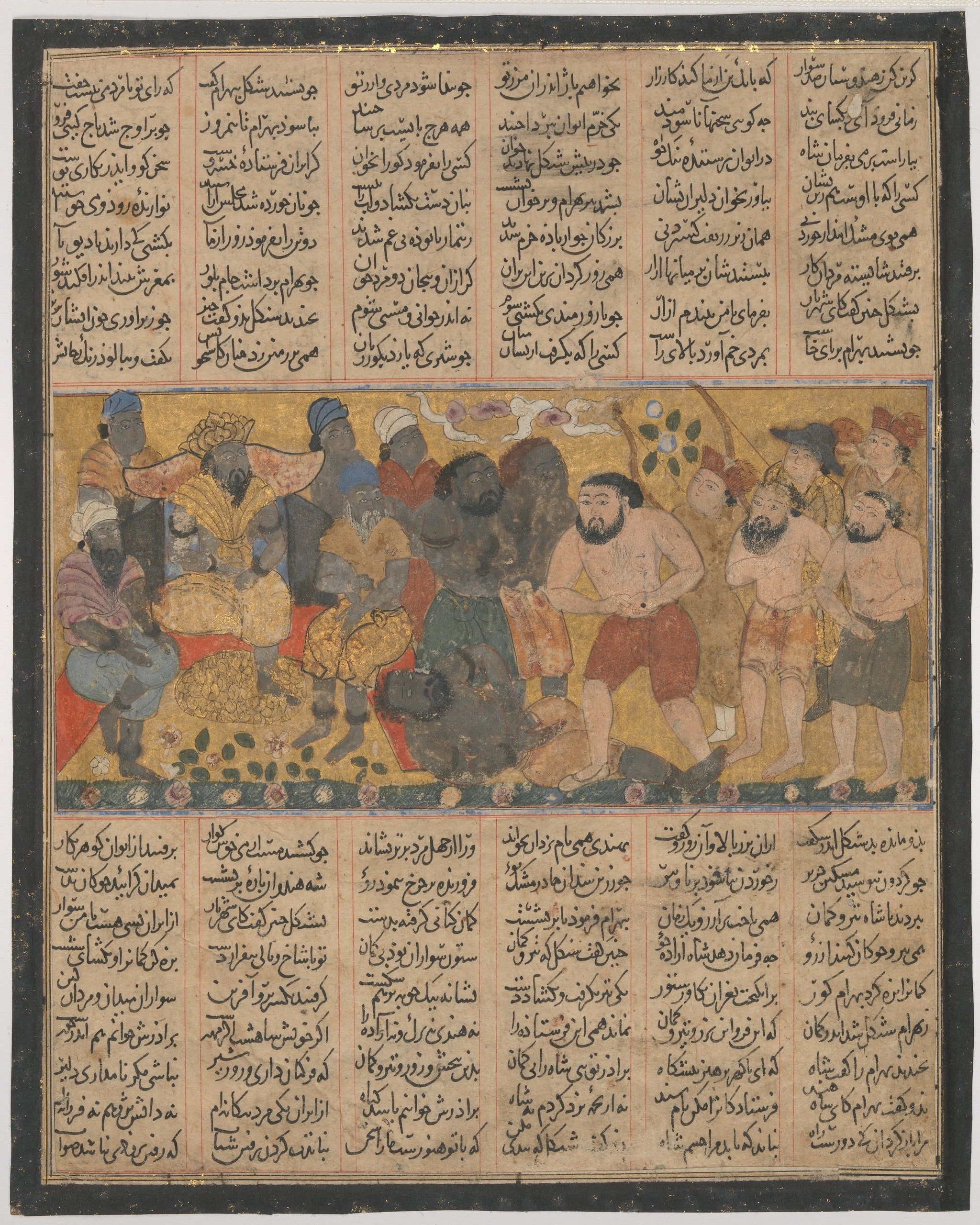 Bahram Gour lutte à la cour du roi Shangol, Atelier persan anonyme, ca. 1300–30