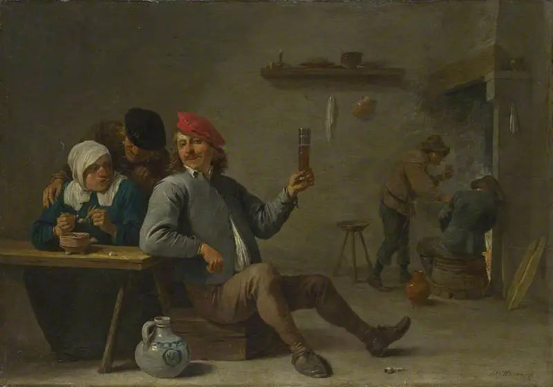 Un homme tenant un verre et une vieille femme allumant une pipe - David Teniers le Jeune - Alpha Reproduction
