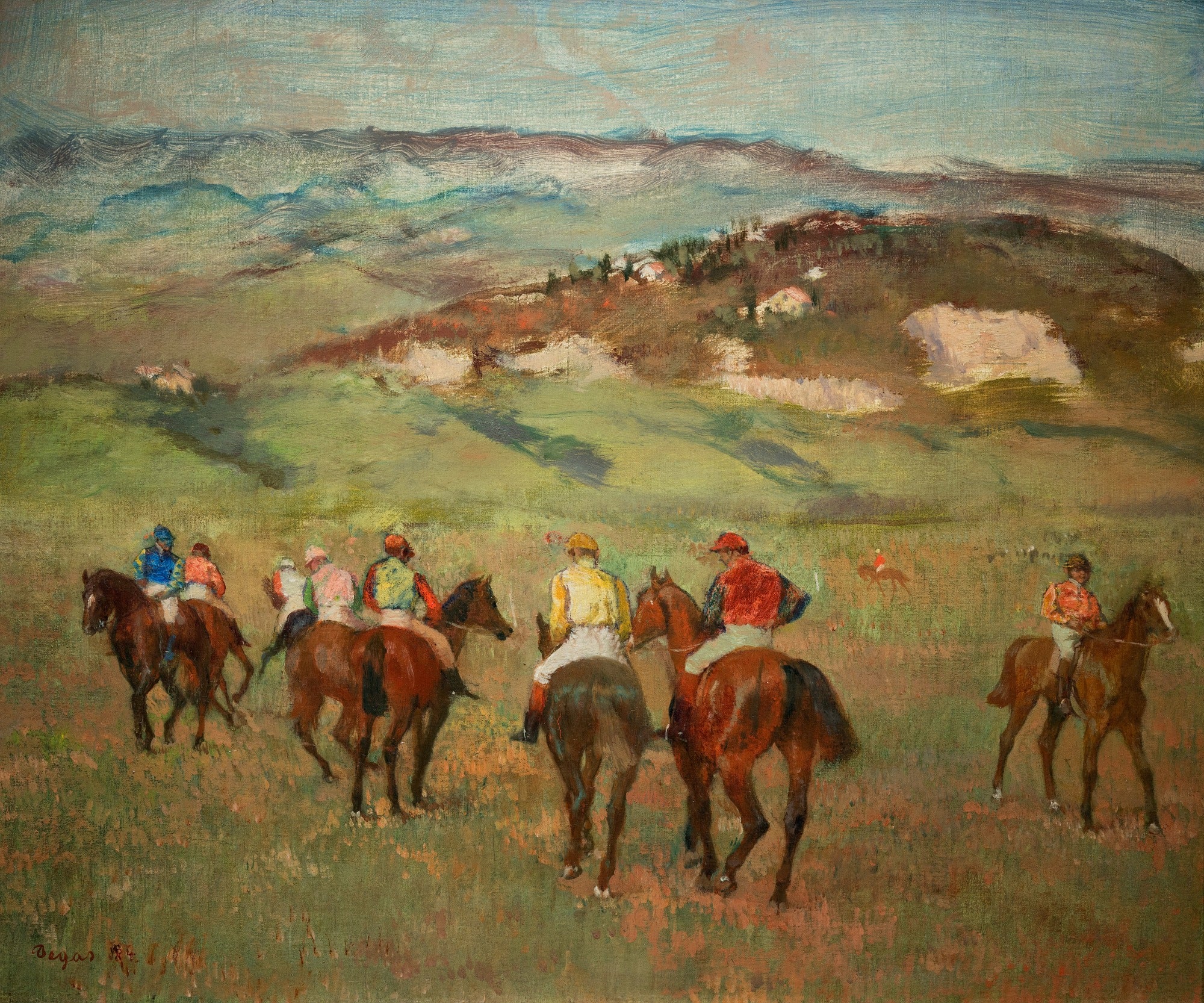 Reproduction du tableau « Jockeys à cheval devant les collines lointaines - Edgar Degas » par Alpha Reproduction en peinture à l’huile