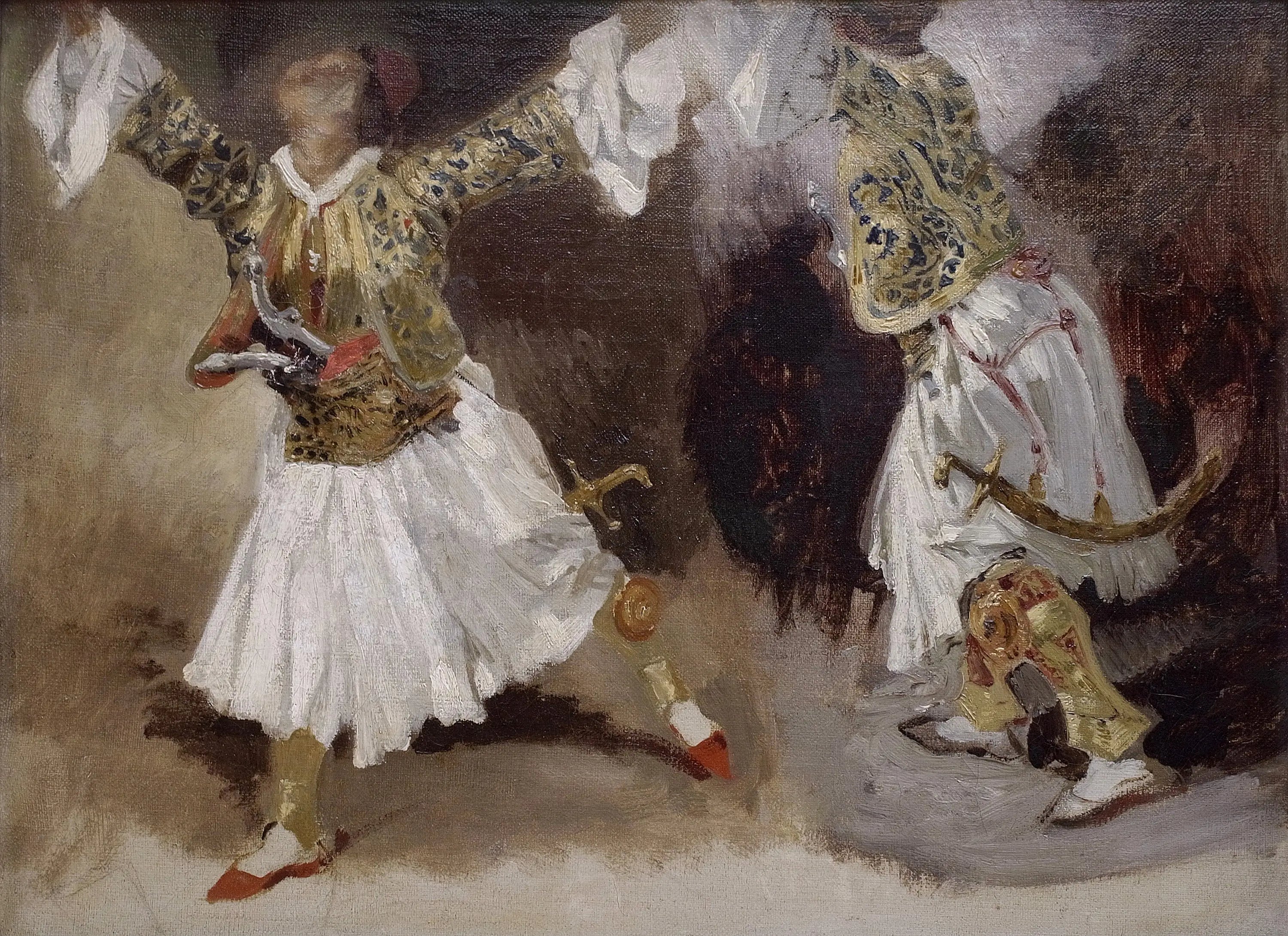 Reproduction du tableau « Deux guerriers grecs dansants. Étude de costumes souliotes - Eugène Delacroix » par Alpha Reproduction en peinture à l’huile