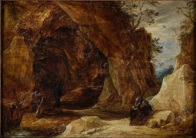 Ermite seduto su una roccia all'ingresso di una grotta - David Teniers il Giovane
