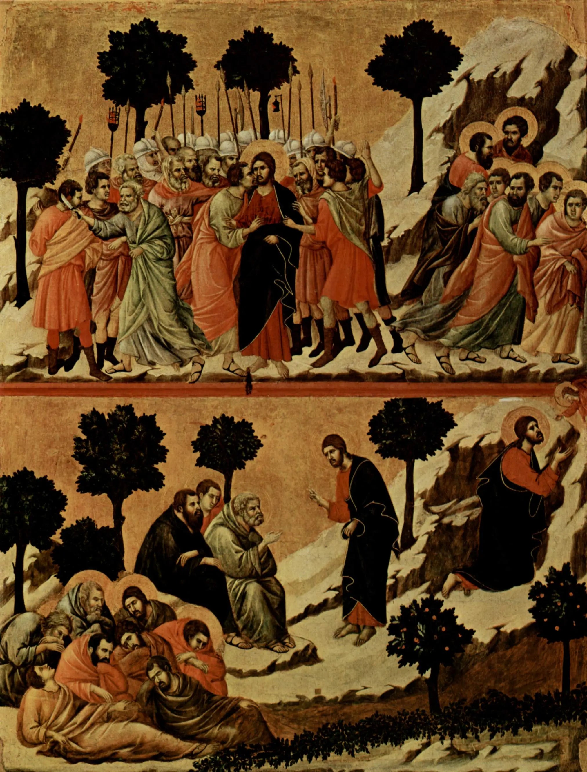 Arrestation de Jésus (en haut) ; Agonie dans le jardin (en bas) - Duccio di Buoninsegna - Alpha Reproduction